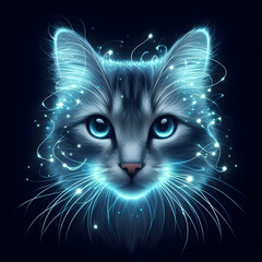 Cat head, isolated on a dark background, bioluminescent lightning, Close Up