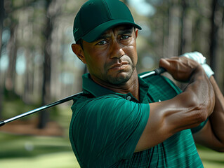 A golfer man looking seriously after hitting the golf ball with the club, dynamic image - obrazy, fototapety, plakaty