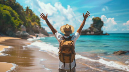 A male tourist with hands up standing at the beach on summer tropical vacation