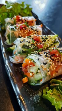 Fresh spring roll platter, vibrant veggies, against a deep blue, side lighting enhancing the fresh ingredients