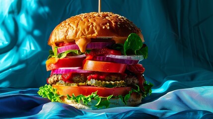 Gourmet vegan burger, vibrant veggie layers, against a luxury blue fabric, sidelit to emphasize fresh textures