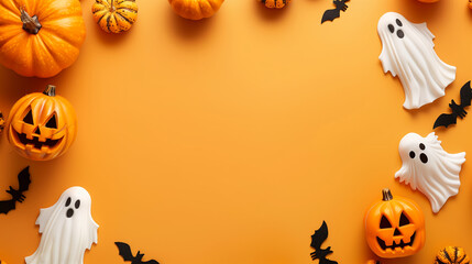 Halloween background with pumpkins, ghost and bats