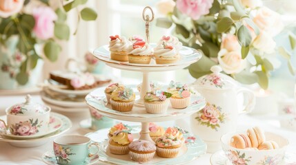 Fototapeta na wymiar High tea setup with tiered cake stand, delicate pastries, fine china, soft florals