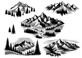 Set of Mountain Landscapes engraving PNG