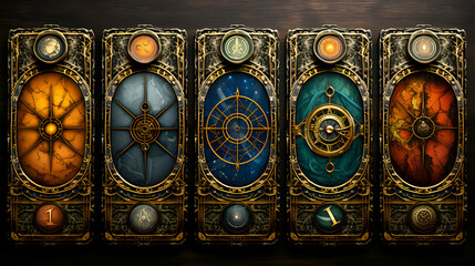 3D render of a set of tarot cards on a wooden background - obrazy, fototapety, plakaty