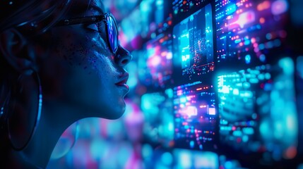 Fototapeta premium Profile of a Young Woman Engrossed in Luminous Data Streams - ai generated