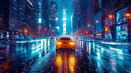 Gleaming Golden Car Cruising Down Rain-Drenched Neon Boulevard - ai generated