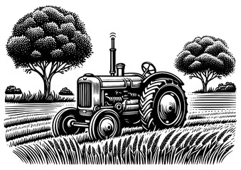  Tractor in Field engraving PNG illustration