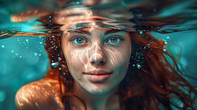 Underwater girl with red hair and blue eyes, submerged serenity - ai generated