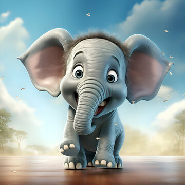 3d illustration of cute baby elephant standing on wooden floor with sky background