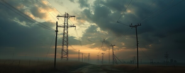 Power lines in a dramatic sunset sky