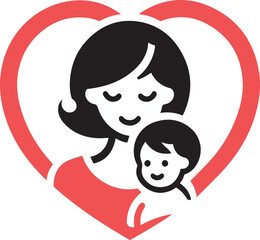 Mother holding little baby with her arm inside heart shaped vector illustration.
