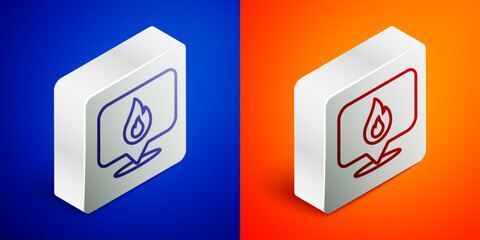 Isometric line Map pointer with fire flame icon isolated on blue and orange background. Fire nearby. Silver square button. Vector