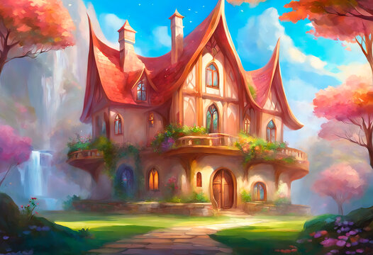 Colorful illustration of a fairytale house in fantasy art style.