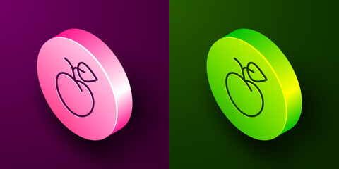 Isometric line Peach fruit or nectarine with leaf icon isolated on purple and green background. Circle button. Vector