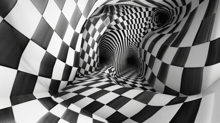 Hypnotic black and white spiral tunnel graphic, suggesting themes of illusion, infinite depth, and abstract art - obrazy, fototapety, plakaty
