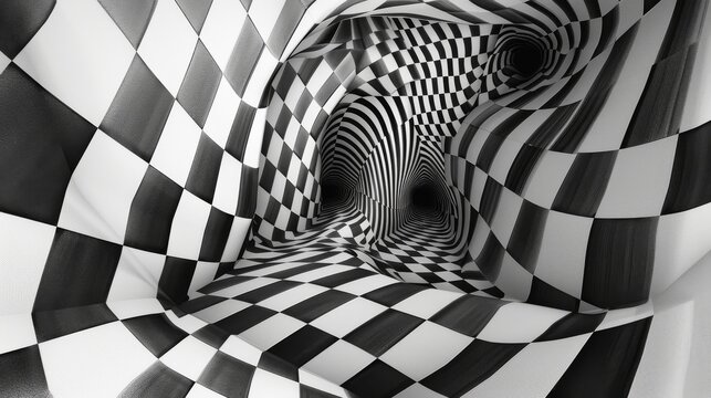 Hypnotic black and white spiral tunnel graphic, suggesting themes of illusion, infinite depth, and abstract art