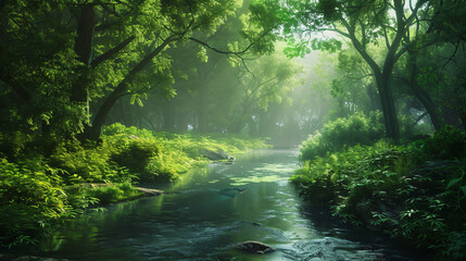 Fantasy green forest with beautiful river. seamless lo
