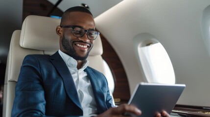 Smiling happy businessman flying and working in an airplane in first class.