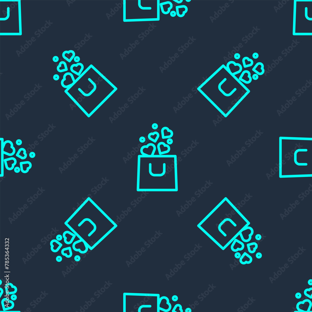 Sticker Green line Shopping bag with heart icon isolated seamless pattern on blue background. Shopping bag shop love like heart icon. Happy Valentines day. Vector