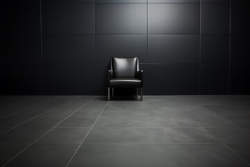Modern black chair in a black room.黒の部屋にモダンな黒い椅子。Generative Ai - obrazy, fototapety, plakaty