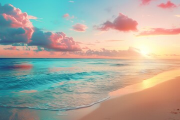 Beautiful sunset over the ocean with clouds on a sandy beach background - obrazy, fototapety, plakaty