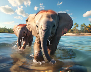 Elephants bathing in the river - obrazy, fototapety, plakaty