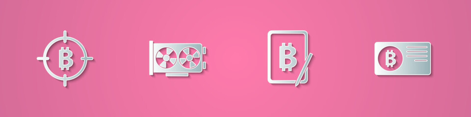 Set paper cut Bitcoin in the target, Video graphic card, Mining bitcoin from tablet and Credit with icon. Paper art style. Vector