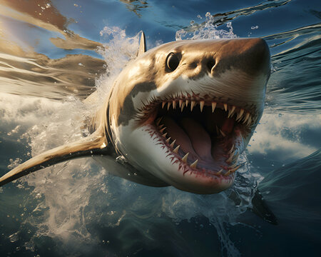 Great white shark swimming in the ocean. 3d render illustration.