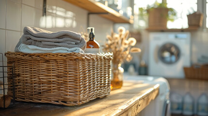Wicker laundry basket with fresh linen on wooden tabletop - obrazy, fototapety, plakaty