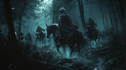 Fantasy horseman in a hood fighting zombies in dark woods