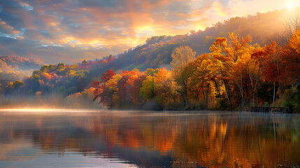Autumnal Splendor at Ohio State Park - Morning Mist over Tranquil Lake and Lush Foliage