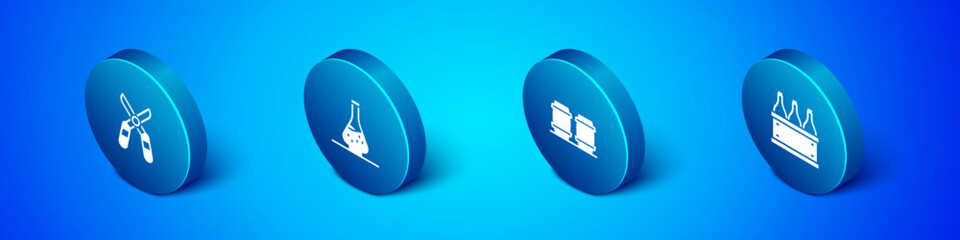 Set Isometric Gardening scissors, Wooden barrel for wine, Bottles of box and Decanter icon. Vector