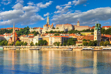 City summer landscape - view of the Buda Castle, palace complex on Castle Hill over the Danube...