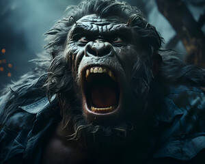 Angry gorilla screaming in the dark forest. Halloween. Horror.