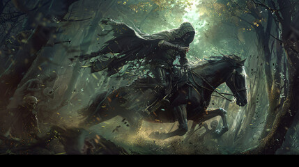Fantasy horseman in a hood fighting zombies in dark woods