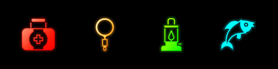 Set First aid kit, Magnifying glass, Camping lantern and Fish icon. Vector