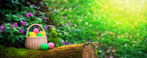 Basket with Easter eggs with rabbit made of grass on a trunk of a mossy tree in the spring forest, selective focus. Horizontal holiday banner with copy space for text