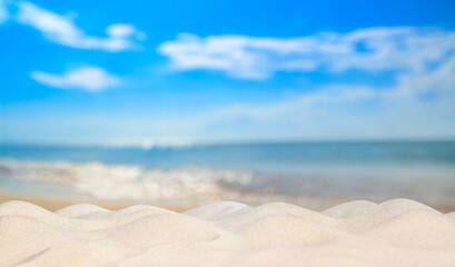View of a sandy beach under the hot tropical sun. Beach holiday concept, background with copy space for text