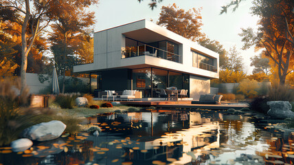 modern cubic house with swimming pool and beautiful garden - obrazy, fototapety, plakaty