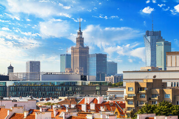 Cityscape - view of the district of Srodmiescie in the center Warsaw with skyscrapers on the...