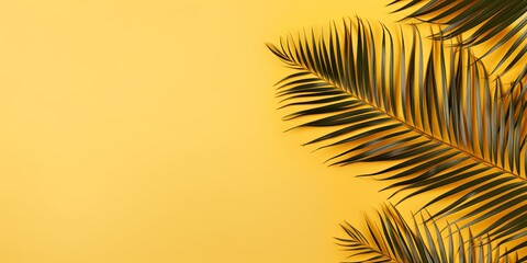 Palm leaf on a gold background with copy space for text or design. A flat lay, top view. A summer vacation concept