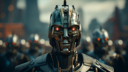 Fototapeta premium 3D rendering of a robot in a futuristic city at night.