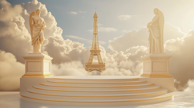 Olympic color  background podium Eiffel tower scene , Winner background with golden, silver and bronze laurel wreaths with ribbons and first, second and third place signs on round pedestal. 