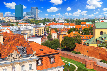 Cityscape - top view of the district of Srodmiescie with the Old Town in the historical center of Warsaw, Poland