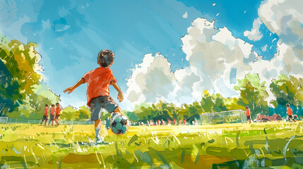 Painted picture with children playing football in the park