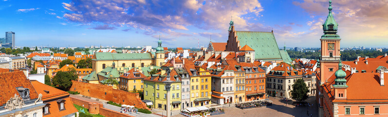 Cityscape, panorama, banner - top view of Castle Square with Sigismund's Column and Royal Castle in the Old Town of Warsaw, Poland