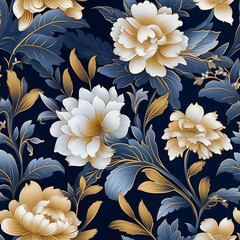 Seamless floral pattern. Realistic golden flowers. On a blue background.
