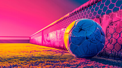soccer ball on the field with pink and neon background