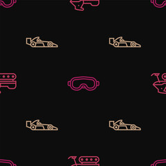 Set line Snowmobile, Formula 1 racing car and Ski goggles on seamless pattern. Vector